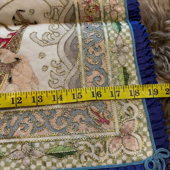 Asian-Inspired Embroidered Dragon Silk Pillow Cover With Blue Ruffled Edges - Picture 9 of 9